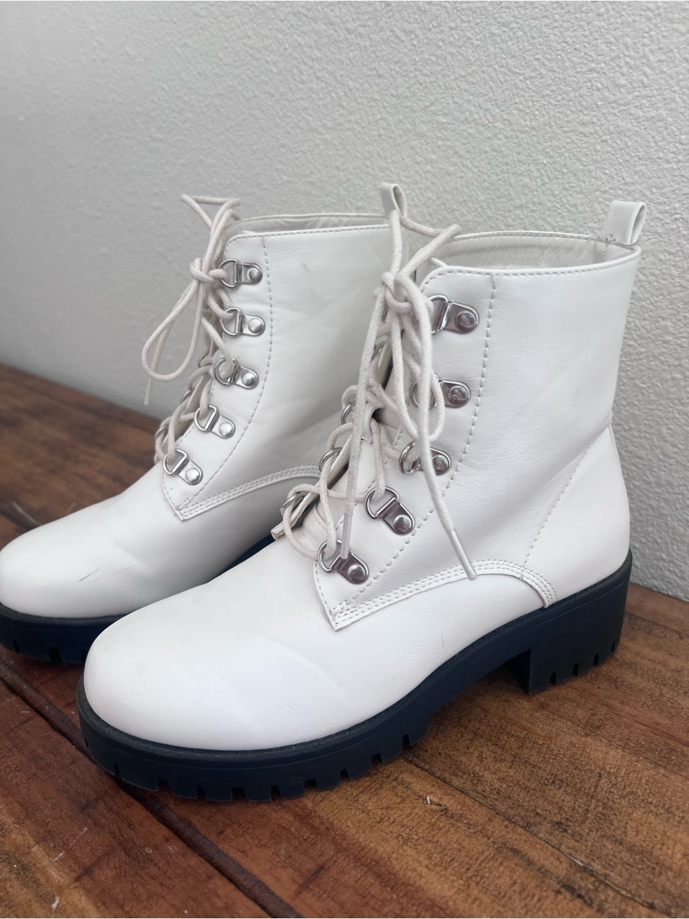 Bonnibel White Lace-Up Combat Boots with Black Lug Sole